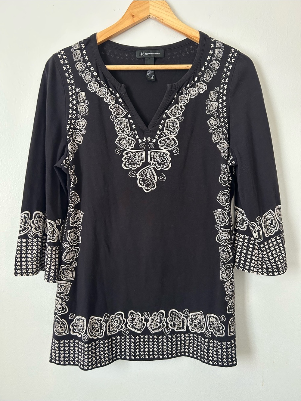 INC International Concepts Petite Embroidered Tunic Top Black White L Petite
